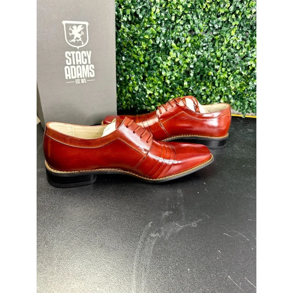 Stacy Adams Raynor 24748-221 OXford Mens 9.5M Cognac Leather Pleated Dress Shoes